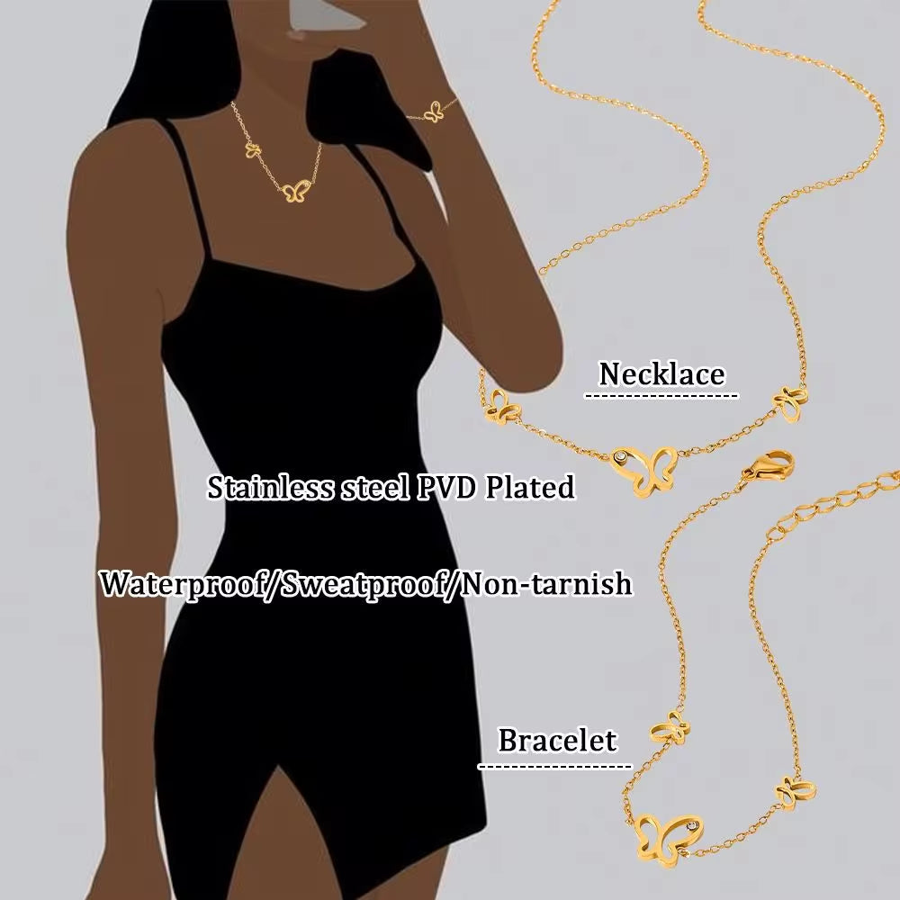 Ins Gold Plated Stainless Steel Three Butterfly Shape Hollow Zircon Necklace Bracelet Thin Chain Gift Bracelet My Store