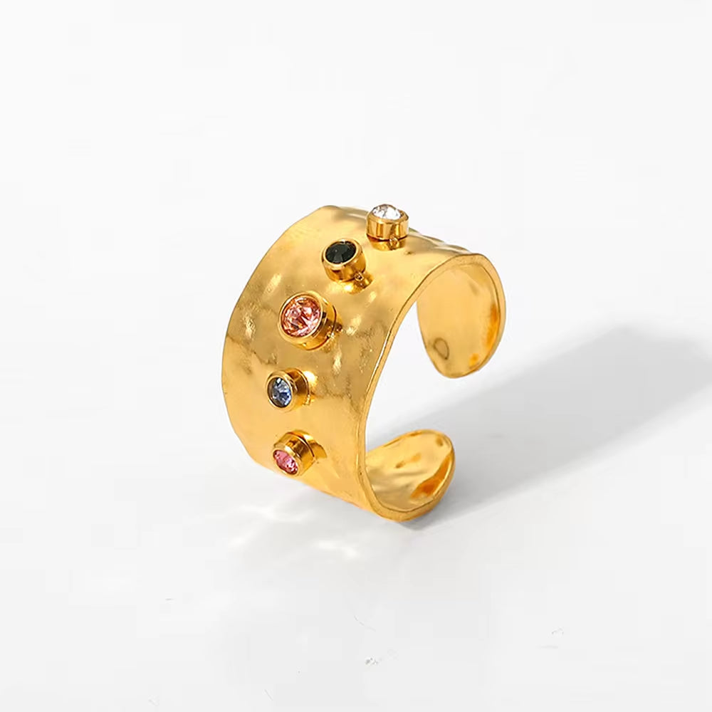 Wholesale Fashion Creative Colorful Zircon Wide Version Jewelry Hand Jewelry Ladies 18K Gold Stainless Steel Ring My Store