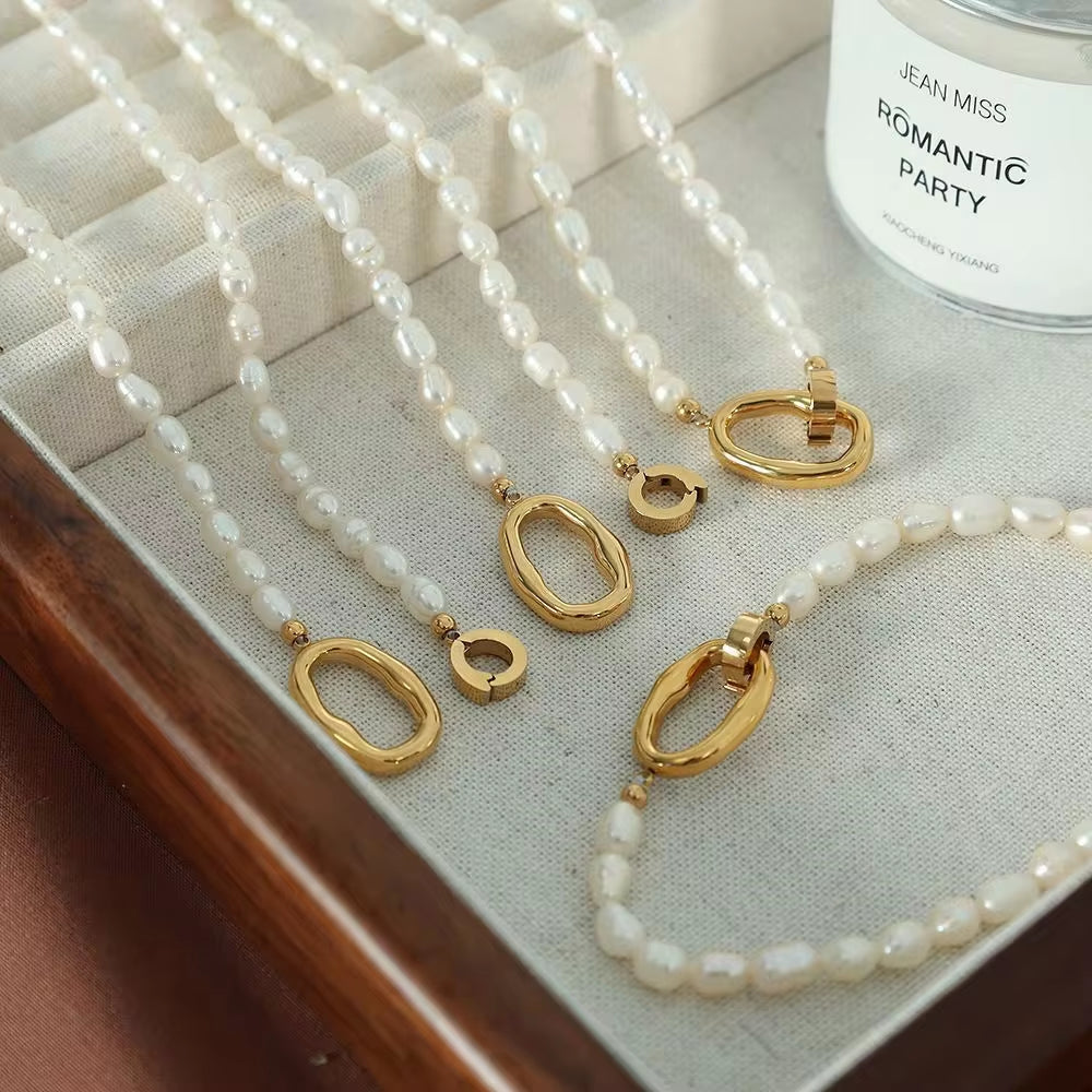 JEWELRY XL19-SL04 Fashion Freshwater Pearls Bracelet Necklace Set Women Stainless Steel Choke Chain My Store