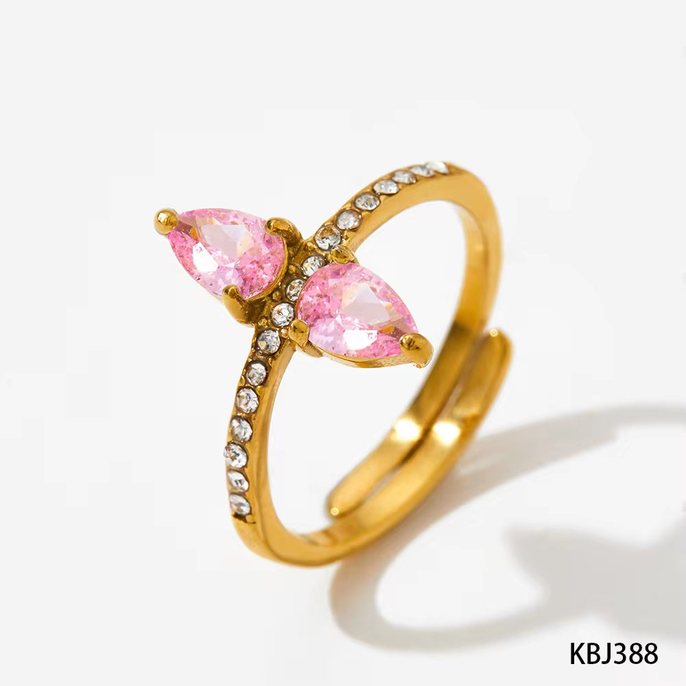 INS Charm Gold Plated Drop Shape Crystal Rhinestone Rings Waterproof Stainless Steel Jewelry Wrap Open Rings Gift for Women My Store