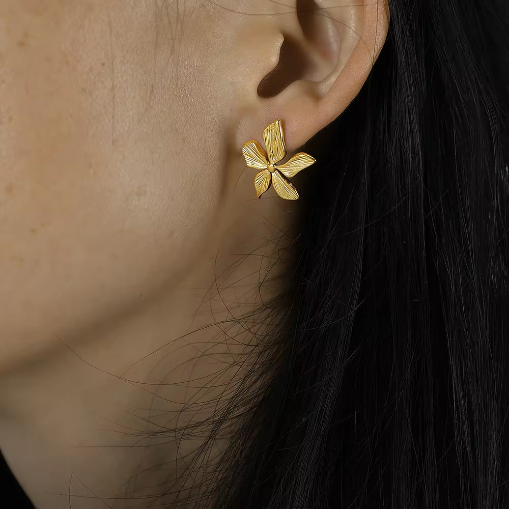 JEWELRY EH23 French Petal Embossed Earrings Stainless Steel 18K Gold Plated Fashion Earrings My Store