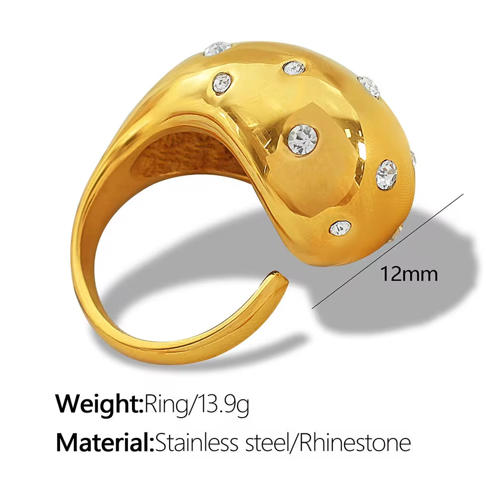 JEWELRY JZ24-5 Fashion Micro Diamond Gum Bead Open Teardrop Ring Stainless Steel 18K Gold Plated My Store