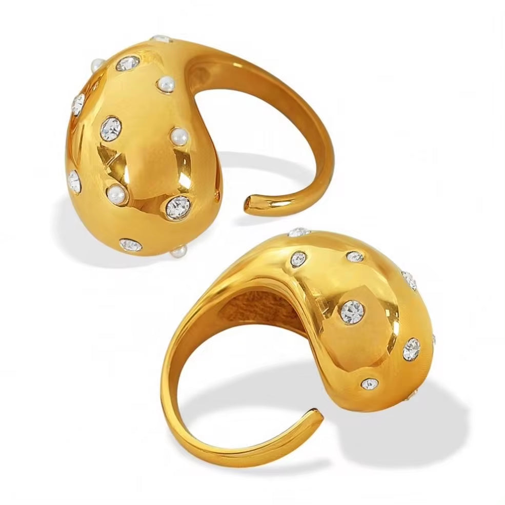 JEWELRY JZ24-5 Fashion Micro Diamond Gum Bead Open Teardrop Ring Stainless Steel 18K Gold Plated My Store