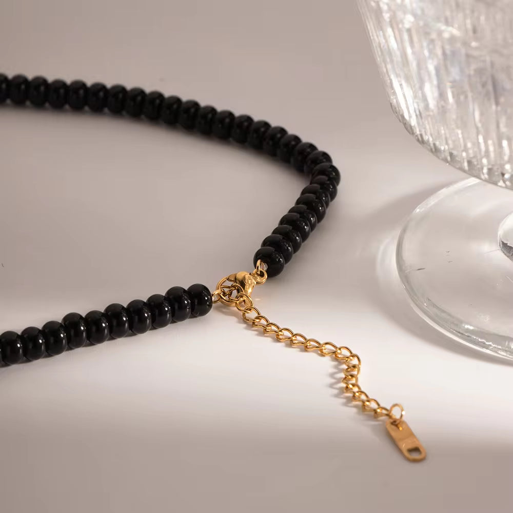 18K Gold Plated Stainless Steel Gift Black Obsidian Beads 3D Dimensional Heart Pendant Choker Necklace Women My Store