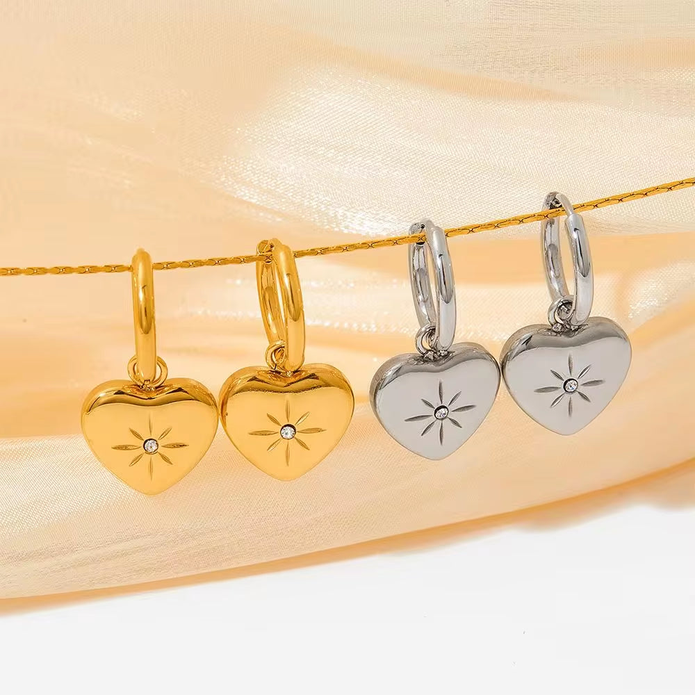 Wholesale Custom Pvd 18K Gold Plated Stainless Steel Jewelry North Star Heart Dangle Charm Hoop Earrings My Store