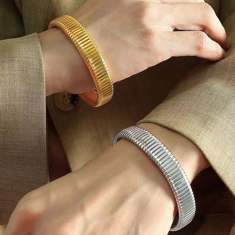 JEWELRY SZ16 Hight Quality Vertical Stripe Circle Stacking Bracelet Wide Bracelet Stainless Steel Bangle for Women My Store