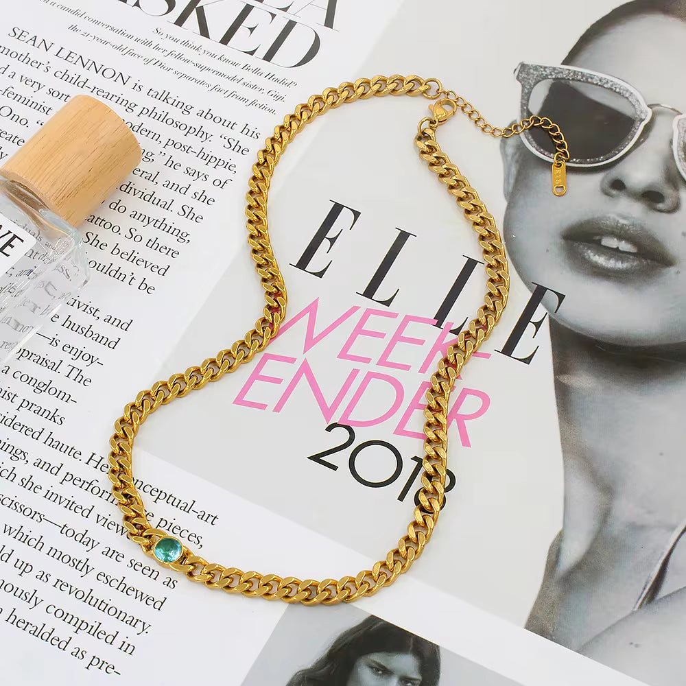 Exquisite Stainless Steel 18K PVD Gold Plated Emerald Gemstone Birthstone Pendant Cubic Zircon Choker Necklace Jewelry My Store