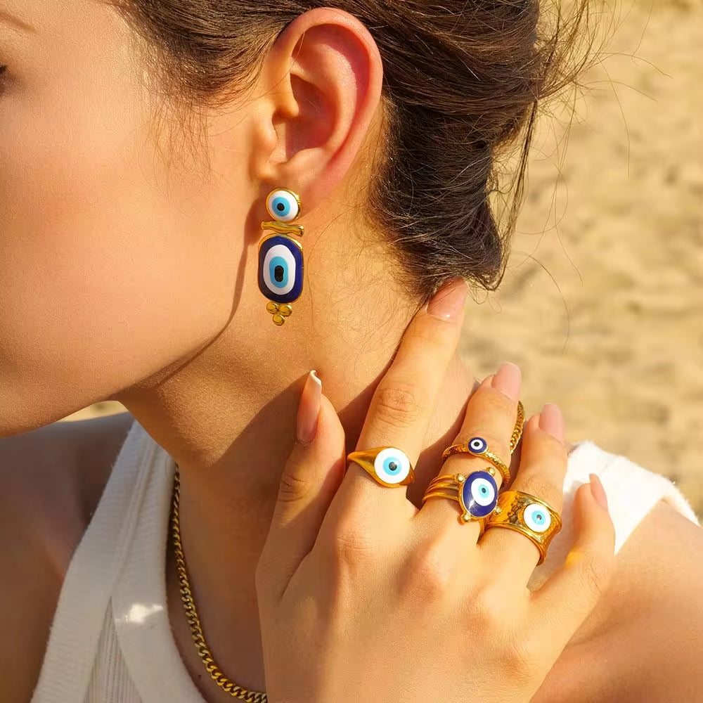Jewelry 18K Gold Plated Eye Ring Stainless Steel Hollow Layer Blue Enamel Evil Eyes Open Rings My Store