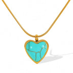 JEWELRY XL95 New Emerald 18K Gold Stainless Steel Heart Shaped Turquoise Pendant Necklace My Store