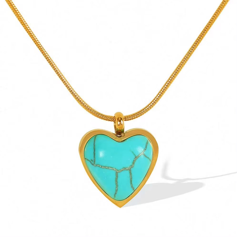 JEWELRY XL95 New Emerald 18K Gold Stainless Steel Heart Shaped Turquoise Pendant Necklace My Store
