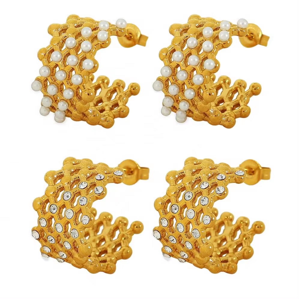 JEWELRY EH246-7 Hollowed Out Small Gold Beads Patchwork Grid-Like Earrings Set with Rubber Beads Rhinestone Earrings My Store