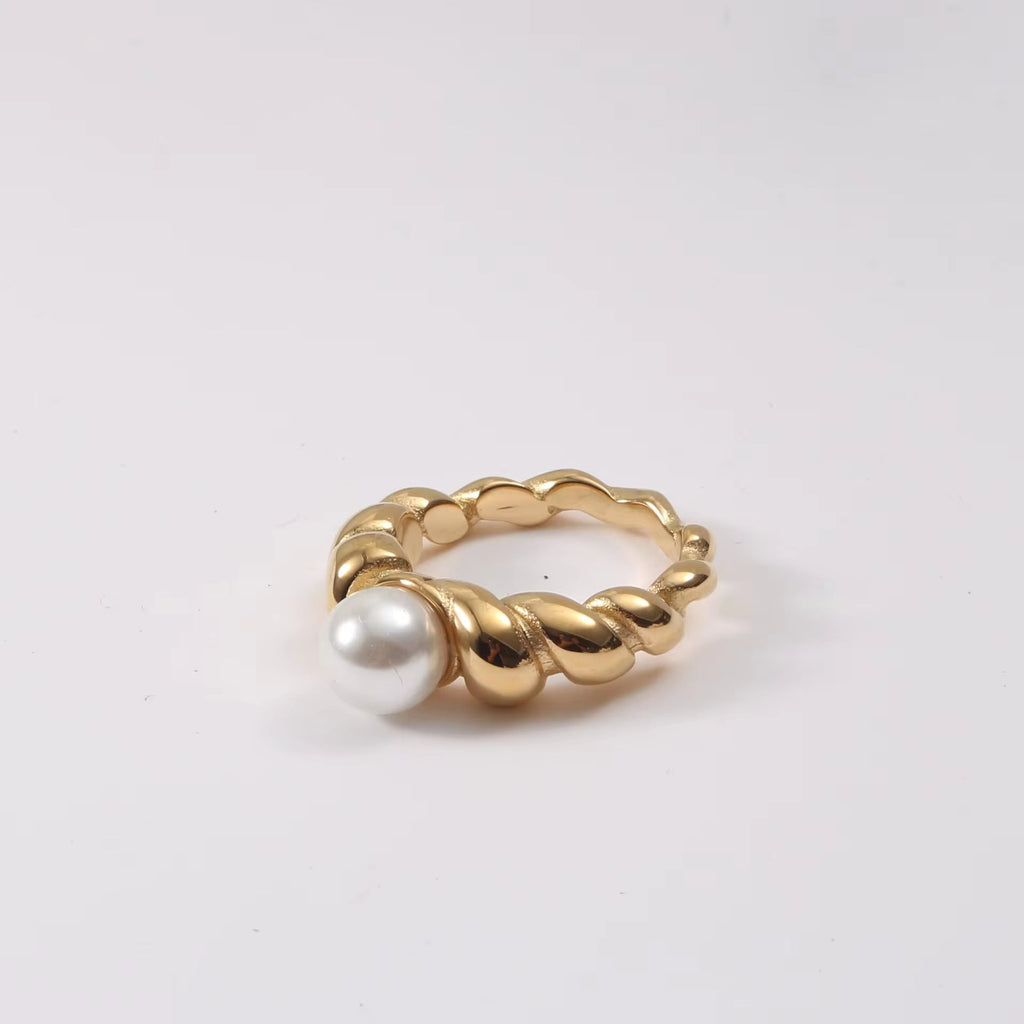 Waterproof Statement 18K Gold Plated Big Fresh Water Pearl Twisted Ring Chunky Twist Rope Chain Stainless Steel Ring My Store