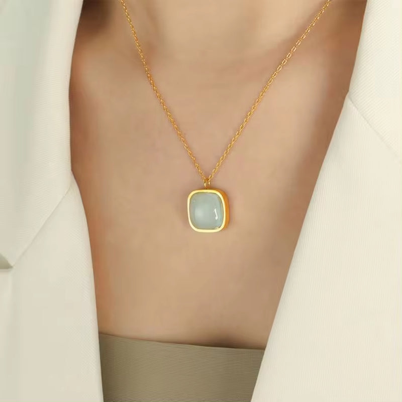 JEWELRY XL67-EH144 French Earrings Light Green Jade Earrings Necklace 316L Stainless Steel Jewellery Set for Women My Store