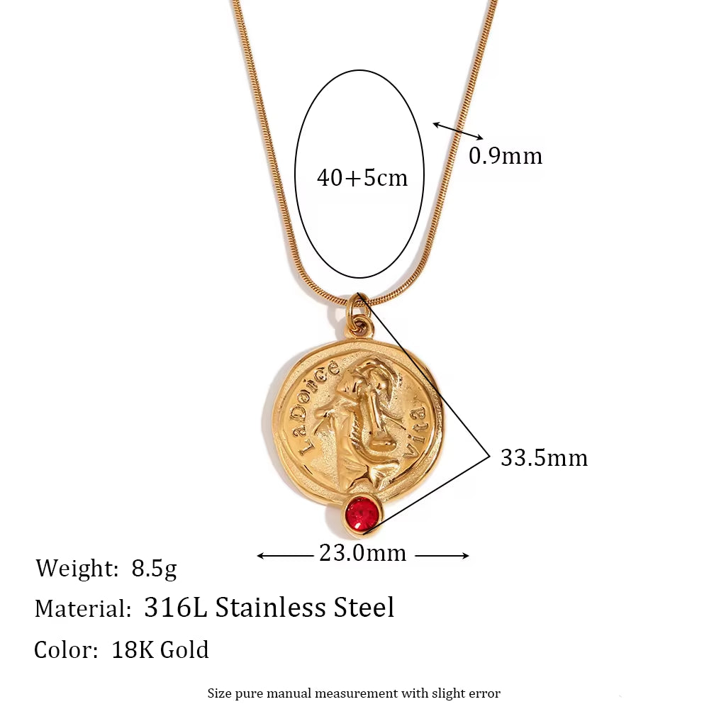 Engraved La Dolce Vita Fashion Lady Pendant Necklace Red Zircon Gold Plated Stainless Steel Jewelry My Store