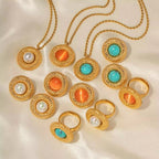 18K Gold Plated Texture Choker Jewelry Set Anniversary Romantic round Shell Pearl Stainless Steel Pendant Necklace My Store