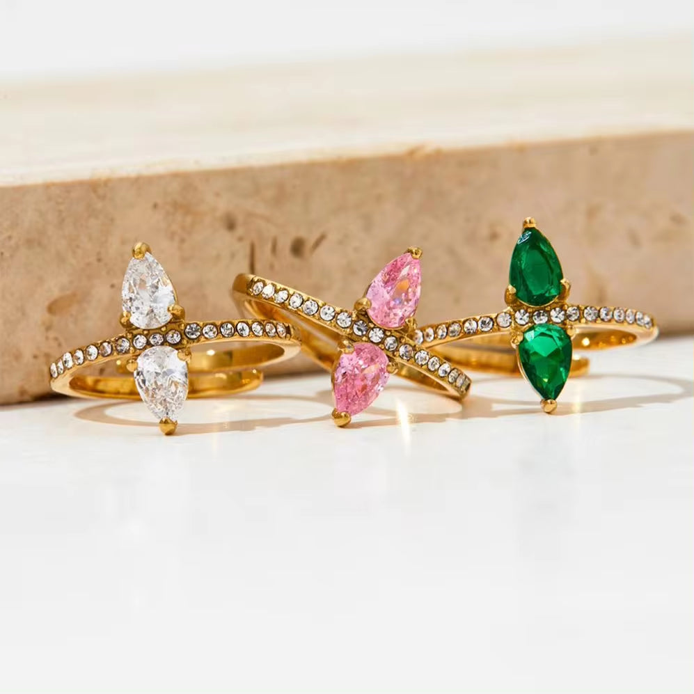 INS Charm Gold Plated Drop Shape Crystal Rhinestone Rings Waterproof Stainless Steel Jewelry Wrap Open Rings Gift for Women My Store