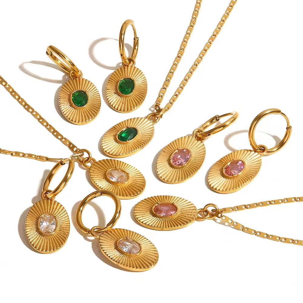 INS Style 18K Gold Plated Sunburst Earrings Stainless Steel Screw Zircon Paved Oval Pendant Necklace My Store