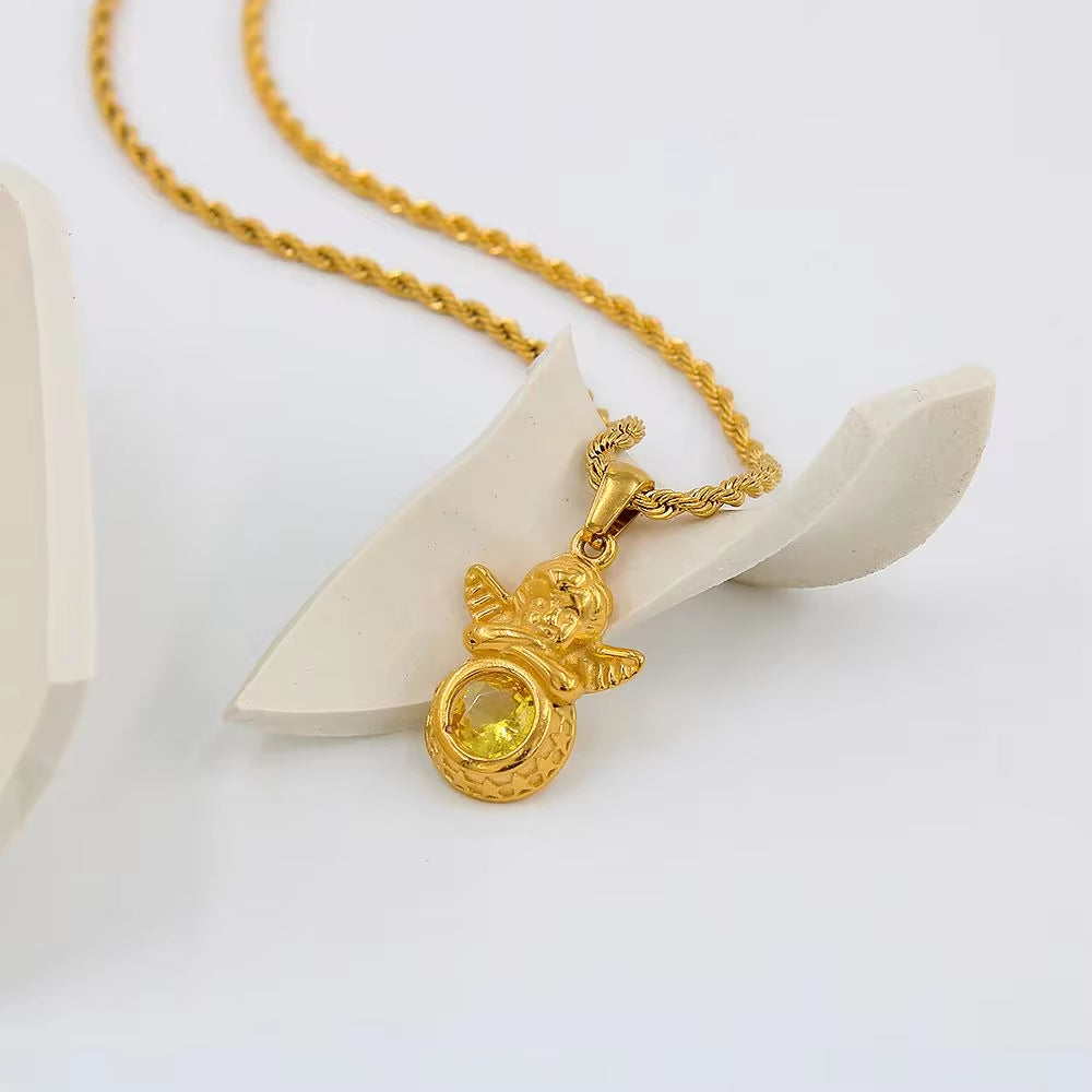 Natural Rainbow 18K PVD Plated Rope Chain Stainless Steel Cubic Zircon Angel Pendant 12 Months Birthstone Necklace My Store