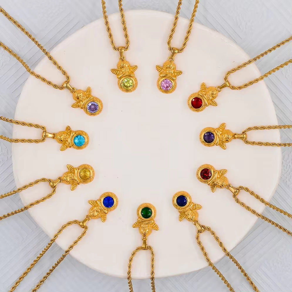 Natural Rainbow 18K PVD Plated Rope Chain Stainless Steel Cubic Zircon Angel Pendant 12 Months Birthstone Necklace My Store