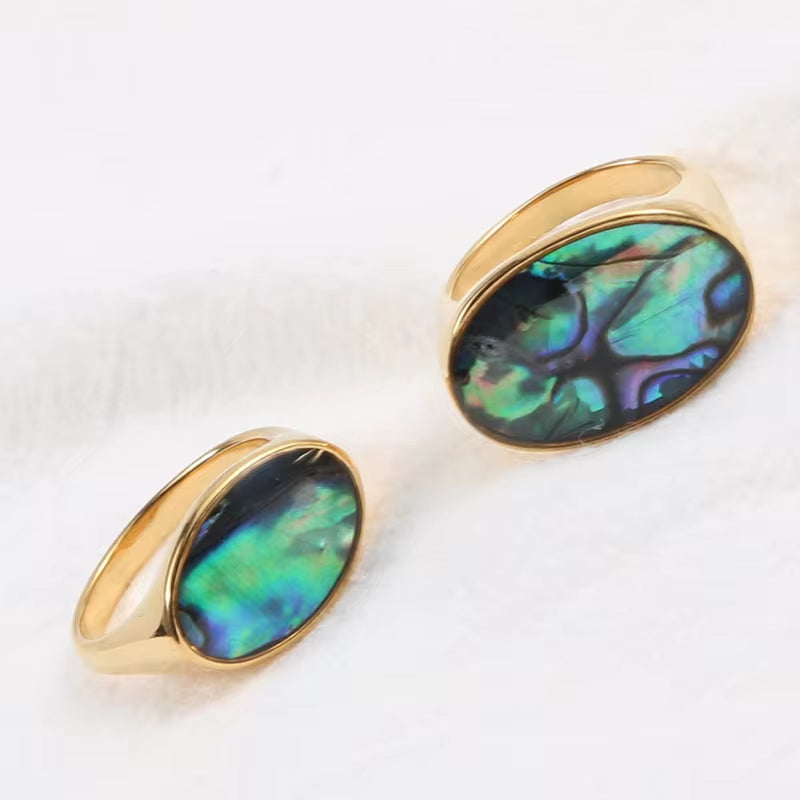 Waterproof 18K Gold Plated Oval Abalone Shell Rings Stainless Steel Jewelry Dainty round Natural Shell Rings My Store