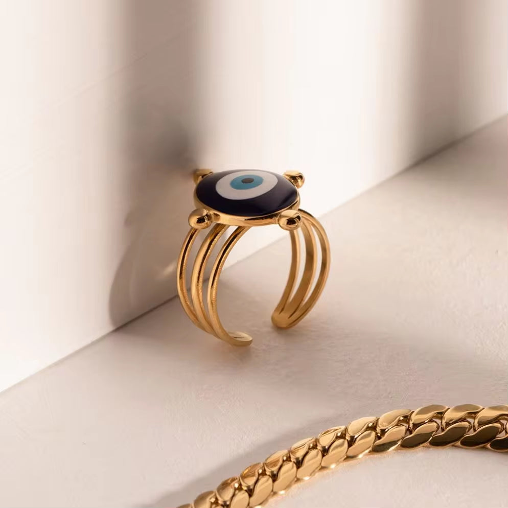 Jewelry 18K Gold Plated Eye Ring Stainless Steel Hollow Layer Blue Enamel Evil Eyes Open Rings My Store