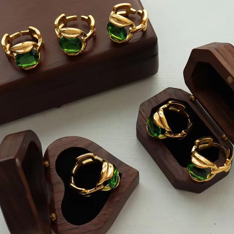 Gold Plated Stainless Steel Link Chain CZ Finger Titanium Steel Green Ring for Women My Store