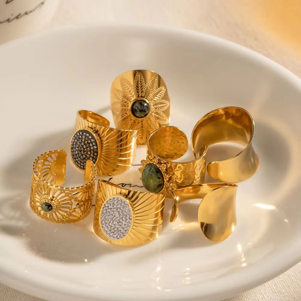 Smooth Gold Plated Full Zirconia Open Ring Stainless Steel Tiger Eye Turquoise Stone Stacking Rings Jewelry Girls My Store