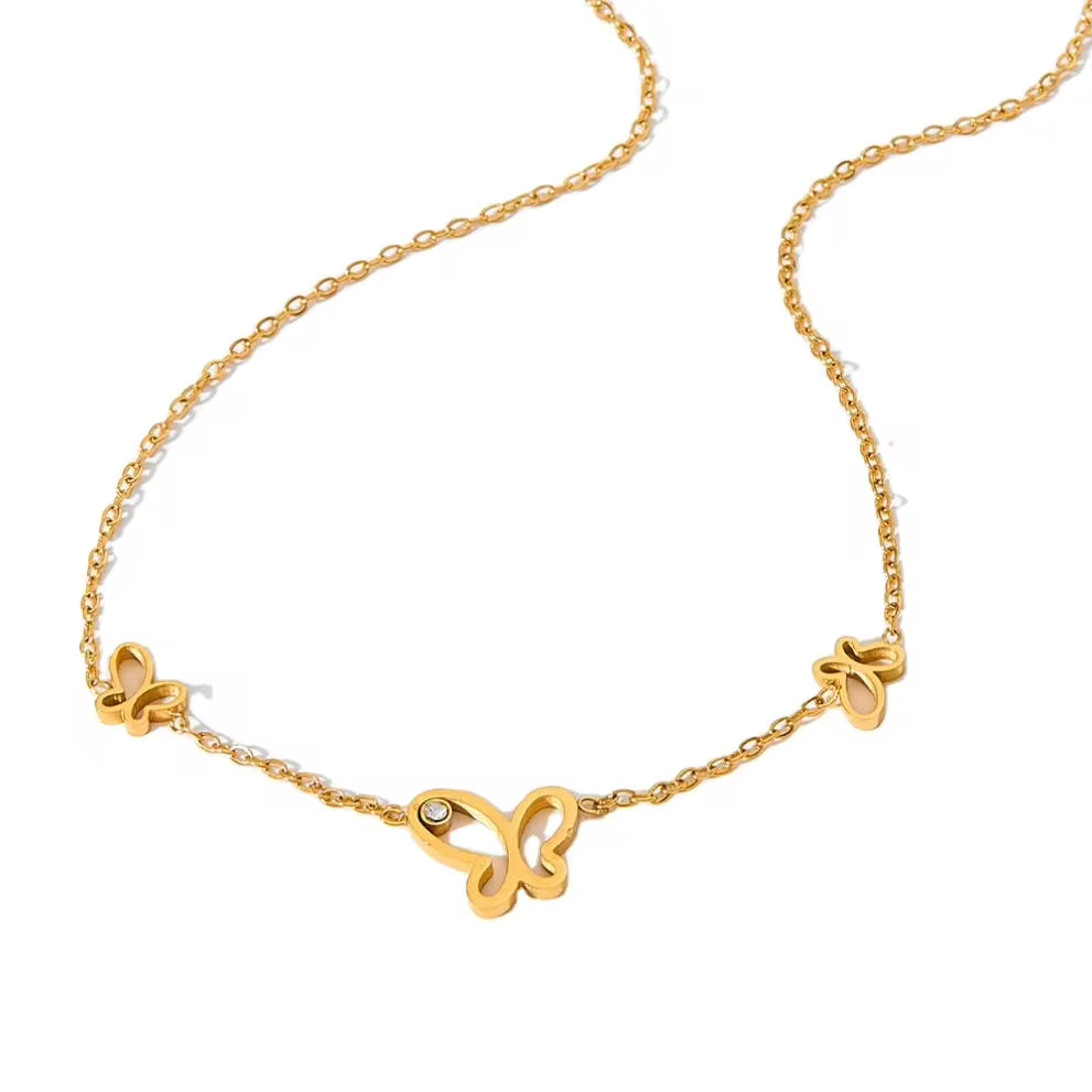 Ins Thin Chain Gold Plated Stainless Steel Three Butterfly Shape Hollow Zircon Necklace My Store
