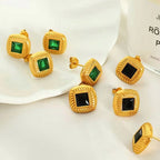 JEWELRY EH156 French Vintage Stainless Steel 18K Gold Plated Glass Stone Square Stud Earrings My Store