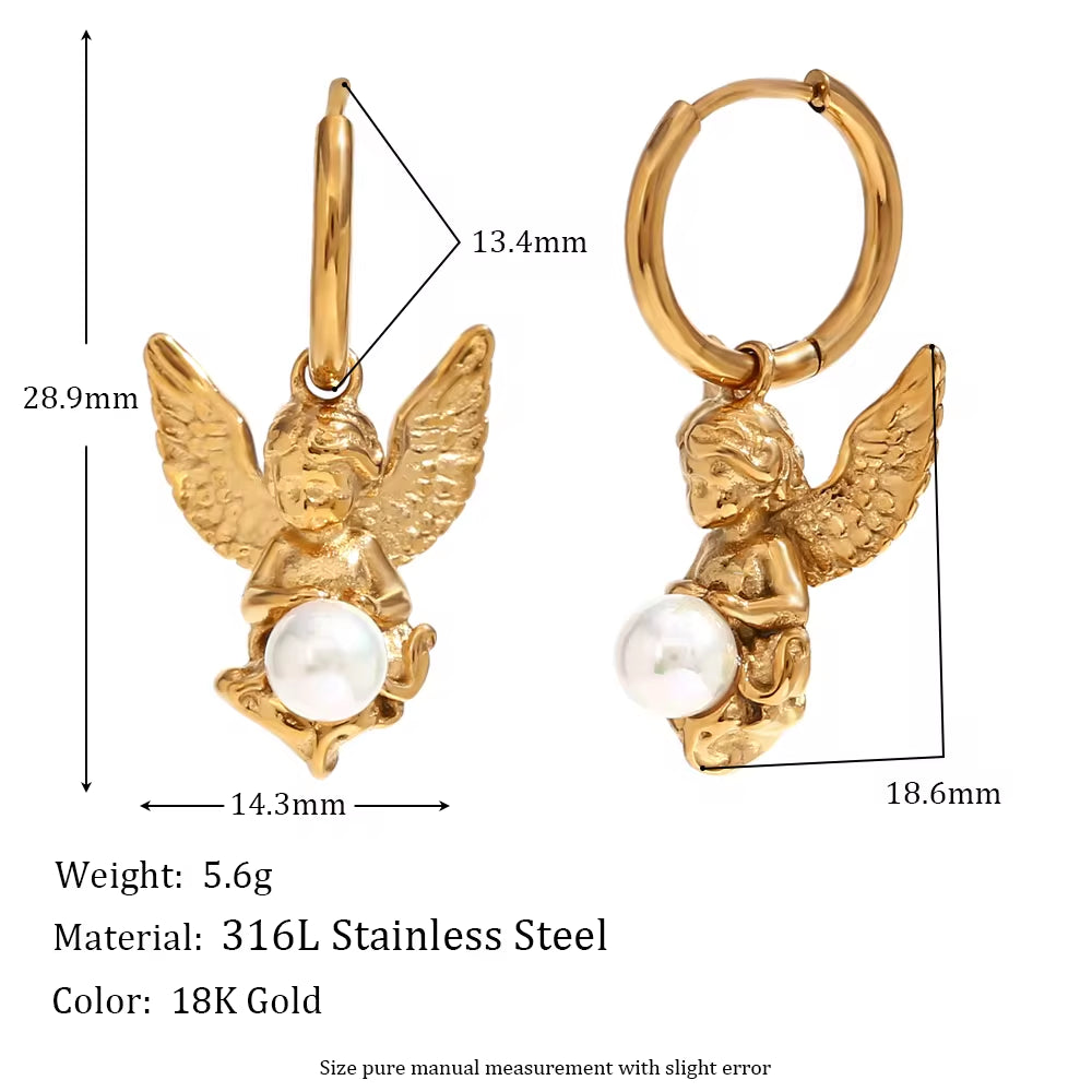 Vintage Pearl Angel Pendant Necklace and Earring Set Gold Plated Stainless Steel Jewelry Set My Store