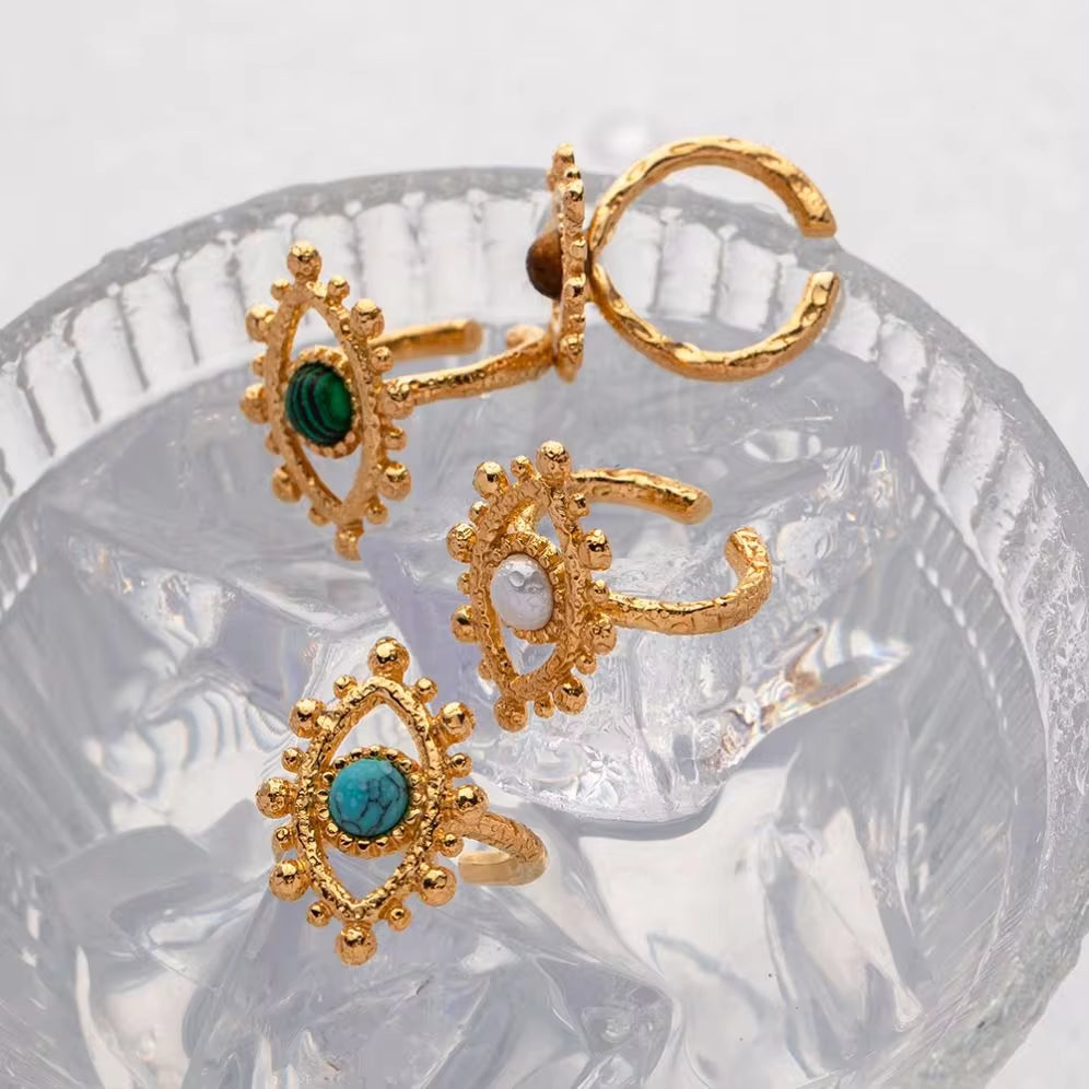 18K Gold Plated Stainless Steel Design Finger Natural Turquoise Malachite Tiger Eyes Stone Evil Eyes Rings My Store