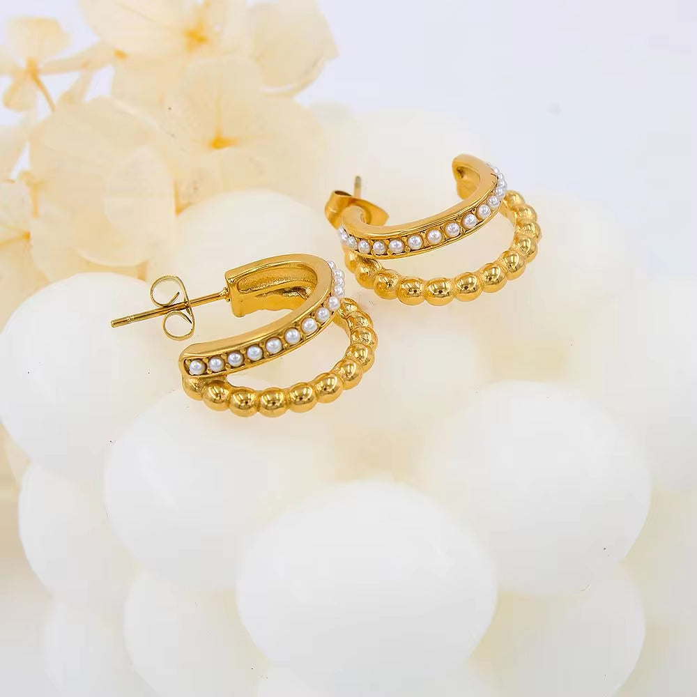 Classic Imitation Pearl Stainless Steel C-Shaped Earrings Chic Fashion PVD 18K Gold Plated Hoop Earrings Women'S Gift My Store