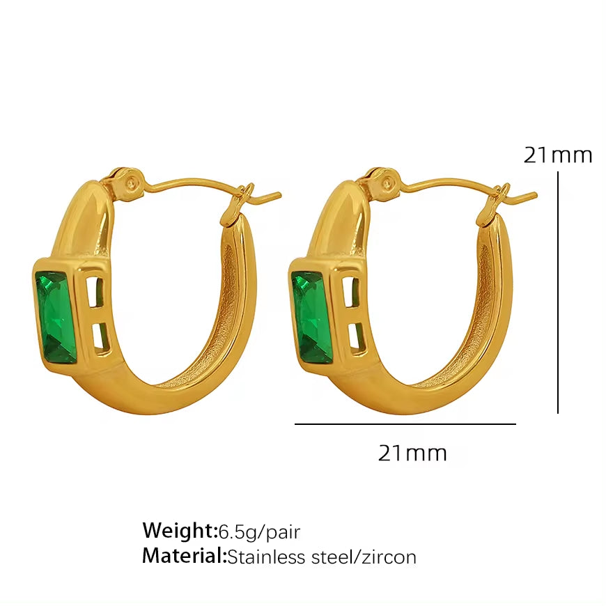 JEWELRY EH142 French Fashion Emerald Zirconia C-Shaped Earrings Stainless Steel Gold Plated 18K Earrings My Store