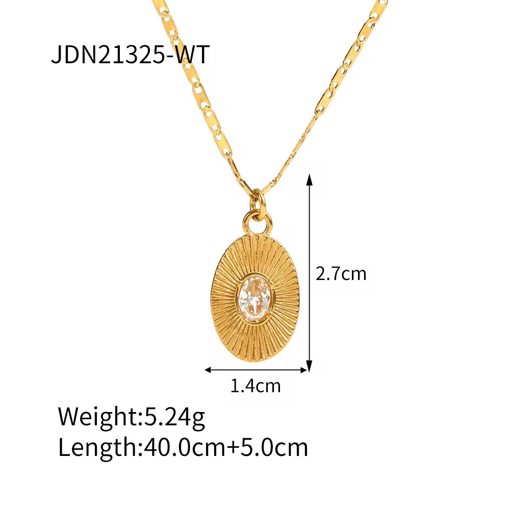 INS Style 18K Gold Plated Sunburst Earrings Stainless Steel Screw Zircon Paved Oval Pendant Necklace My Store