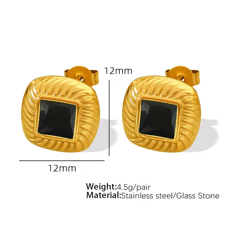 JEWELRY EH156 French Vintage Stainless Steel 18K Gold Plated Glass Stone Square Stud Earrings My Store