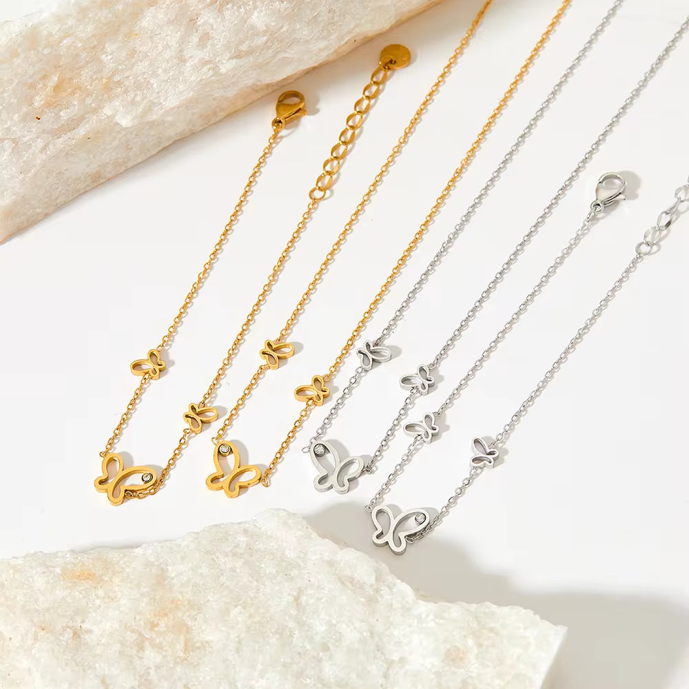 Ins Gold Plated Stainless Steel Three Butterfly Shape Hollow Zircon Necklace Bracelet Thin Chain Gift Bracelet My Store