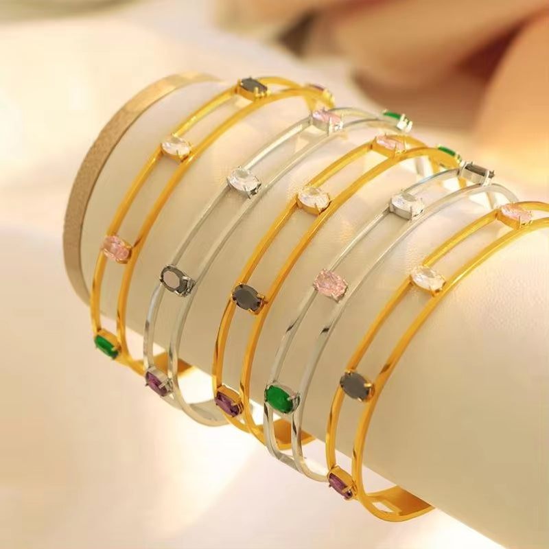 JEWELRY SZ14 New Vintage Premium Feeling Stainless Steel Bracelet Open Set Zirconia Bangle My Store