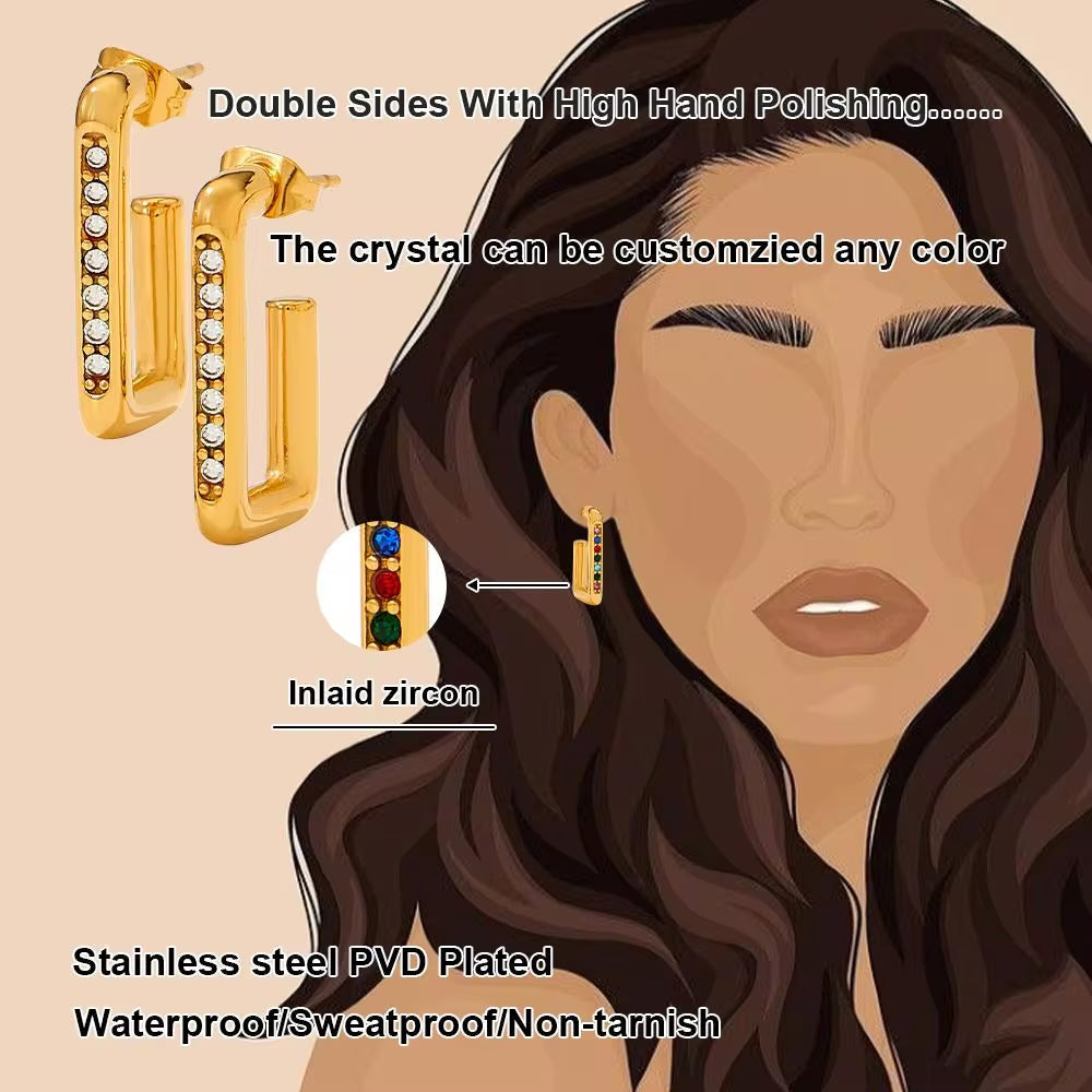 New Design Waterproof 18K Gold Plated Stainless Steel Jewelry Zircon Trimmed Rectangle Hoop Earrings My Store
