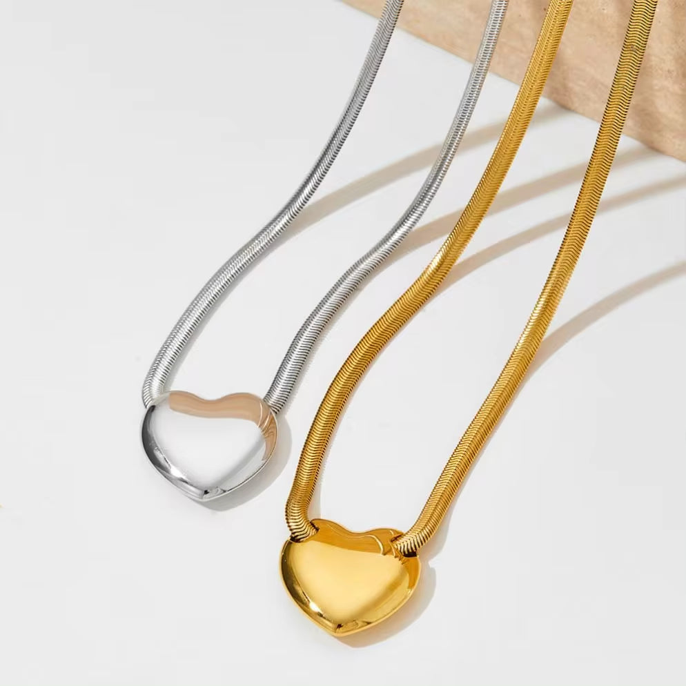 Waterproof PVD Gold Plated Flat Snake Chain Love Vintage Stainless Steel Jewelry Heart Charm Pendant Necklace for Women My Store