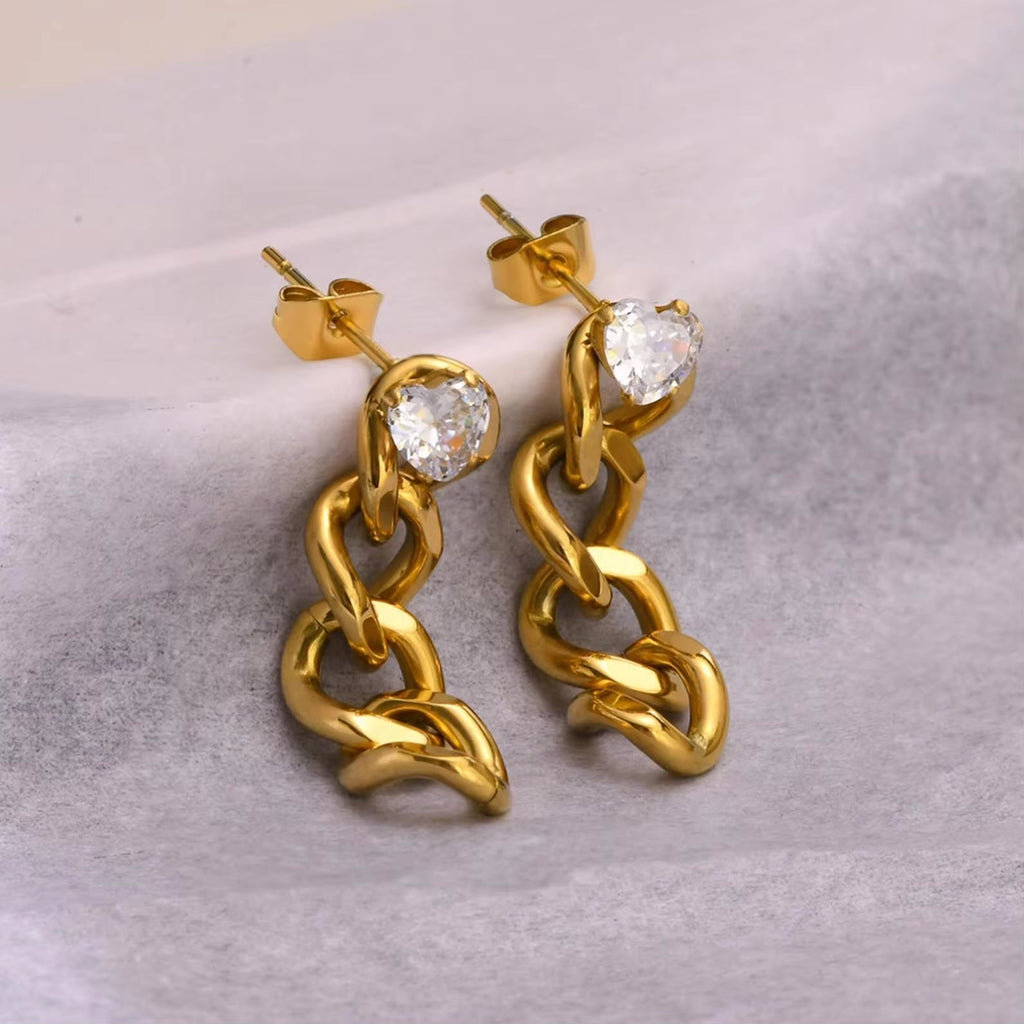 Hot Sale Ip Gold Plating Cubic Zircon Link Chain Pendant Earrings No Fade Stainless Steel Heart Shape Diamond Chain Earrings My Store