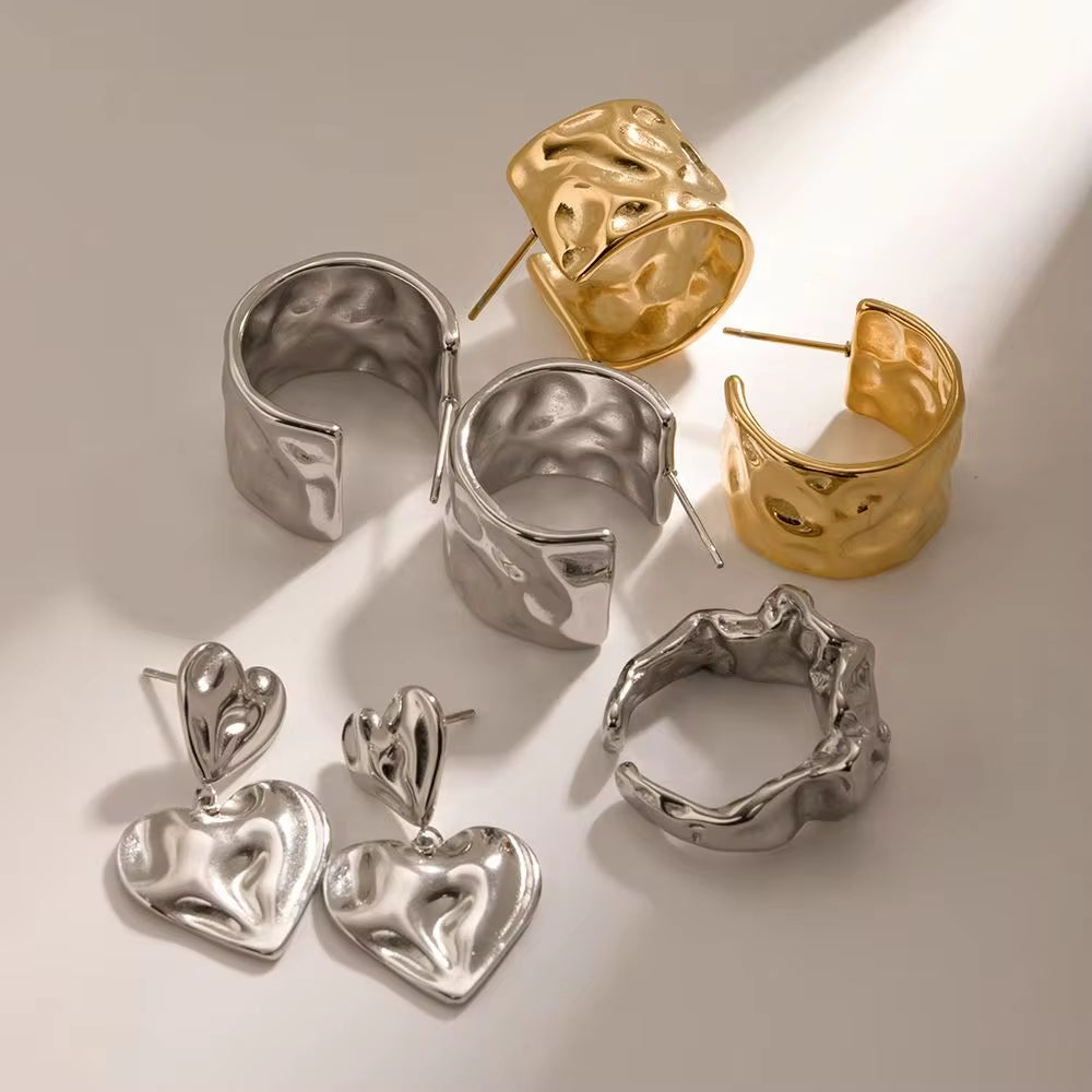 Design Hammer Molten Style Chunky Earrings Rings 18K Gold Plated Stainless Steel Romantic Love Earring My Store
