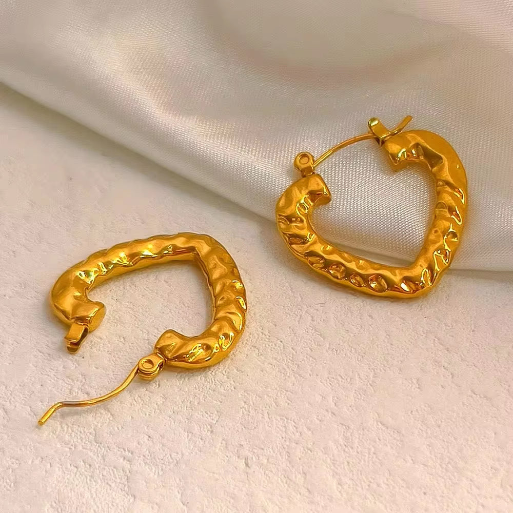 Hot Sale Hip Hops Embossed Texture Geometric Clip on Earrings Trendy Gold Plated Large Heart Rectangular Hoop Earrings F My Store