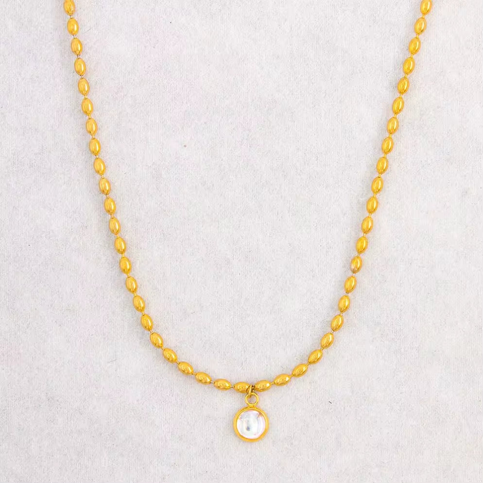 Delicate Stainless Steel Colorful Oval Bead Chain Jade Bead Pendant Necklace Vintage Stone Choker Gift for Lovers My Store