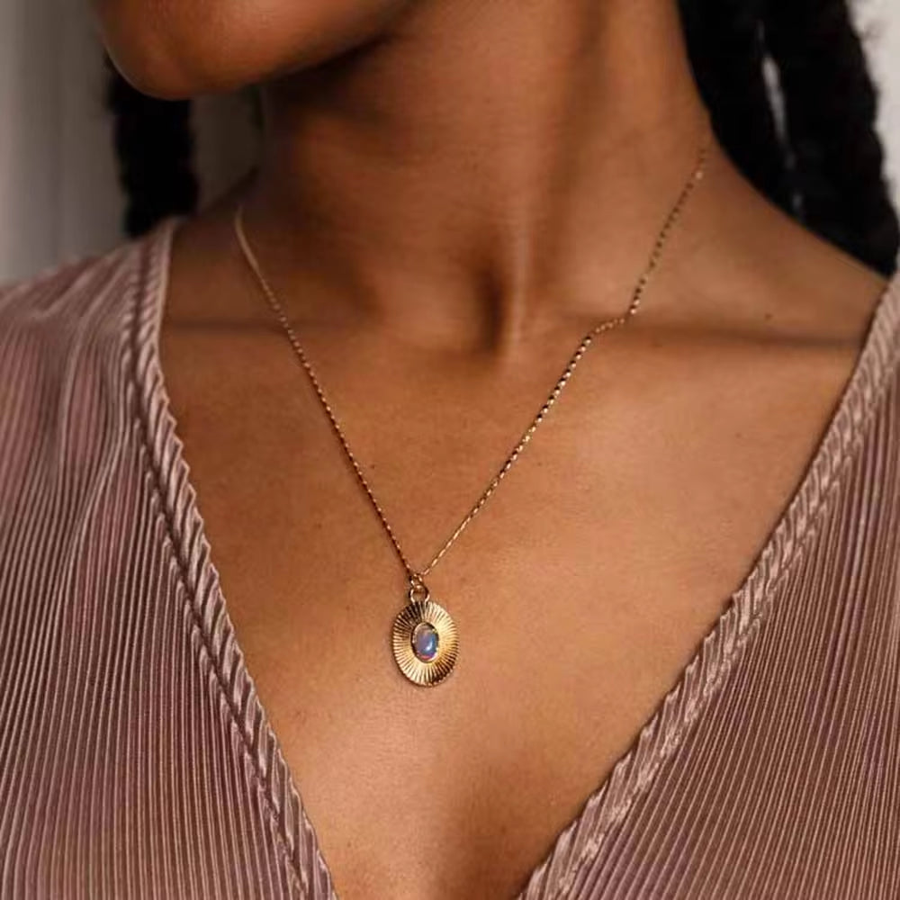 INS Style 18K Gold Plated Sunburst Earrings Stainless Steel Screw Zircon Paved Oval Pendant Necklace My Store