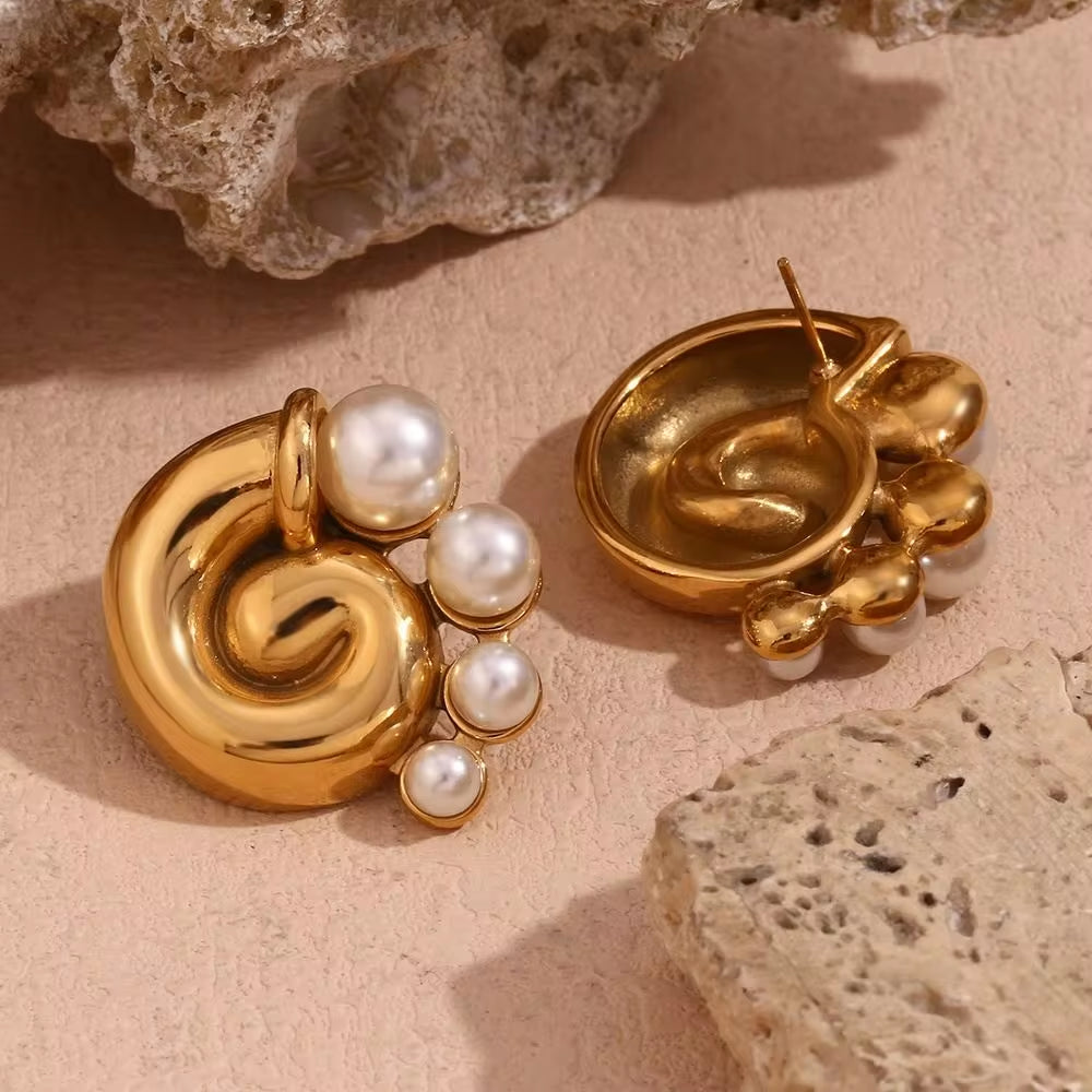 Fresh Water Pearl Winding Conch Stud Earrings Tarnish Free Jewelry Gold Plated Earrings Stainless Steel Jewelry My Store