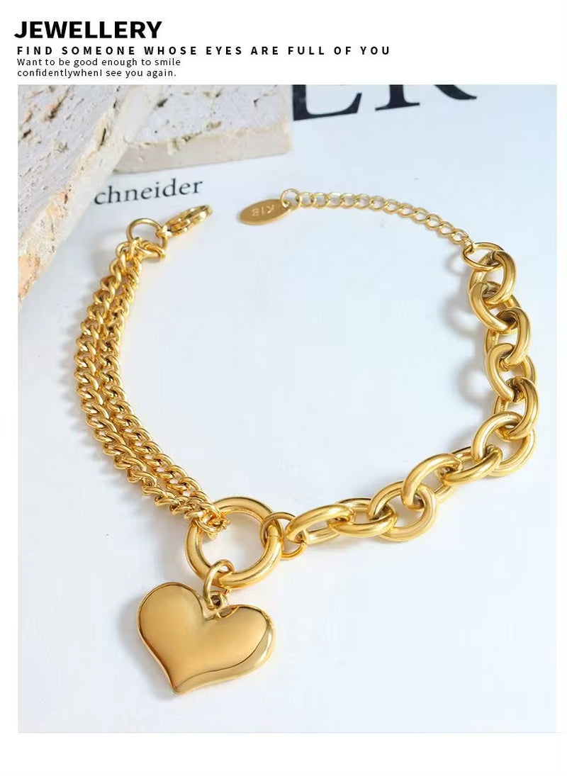 18K Gold Chunky Heart Curb Splicing Stainless Steel Smooth Double Layer Heart Chains Bracelet Women My Store