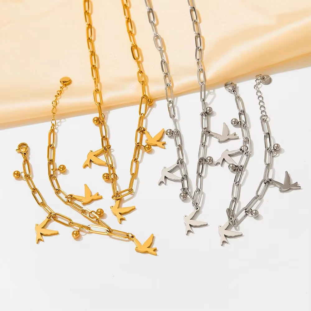 2024 Women Gold Plated Paper Clip Chain Bracelet Swallow Bird Pendant Necklace Jewelry Set My Store