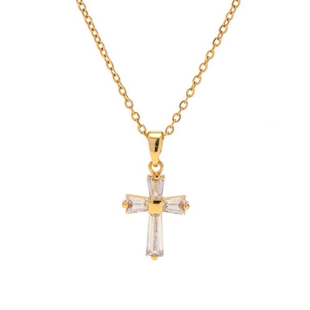 Vintage 18K Gold Plated Clear Cross Zircon Necklace Geometric Cubic Zirconia Crossed Pendant Necklace My Store