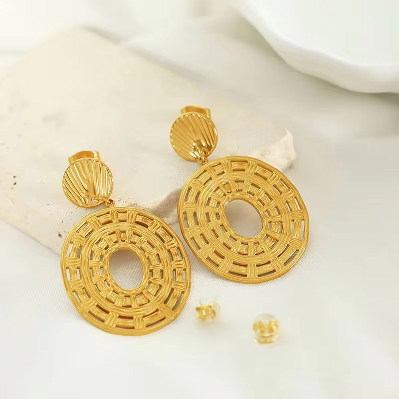JEWELRY EH207 French Vintage Earrings 18K Gold Plated Hollowed Out Disc Earrings Fashion Hoop Earrings My Store