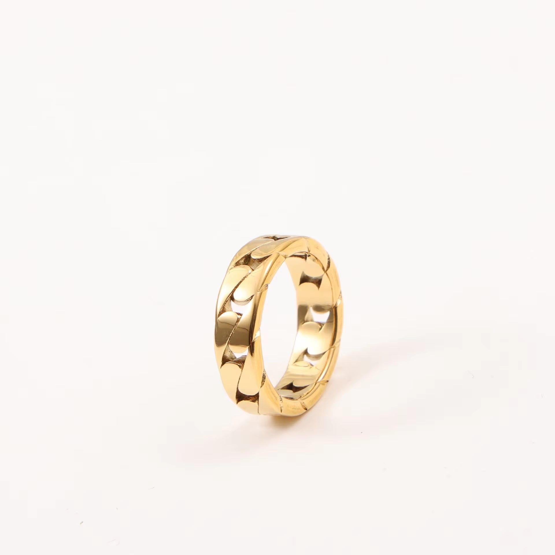 Tarnish Free Croissant Ring 18K Gold IP Plated Stainless Steel Striped Ring Miami Cuban Chain Chunky Ring My Store